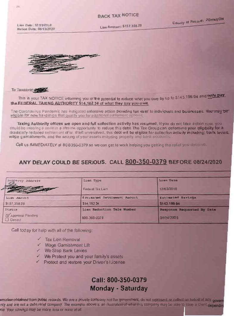 Tax Lien Letter from Tax Group